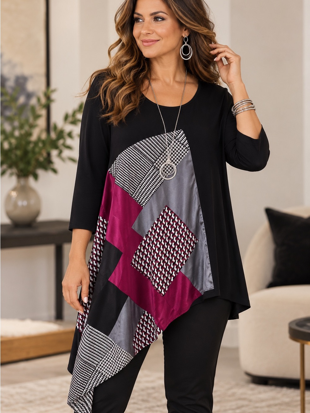 Alfani 1X Black Asymmetrical Geometric Tunic Top